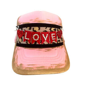 Valentine's Day Truckers Cap Hat Hand Decorated Pink Red Black White Gold [COPY]